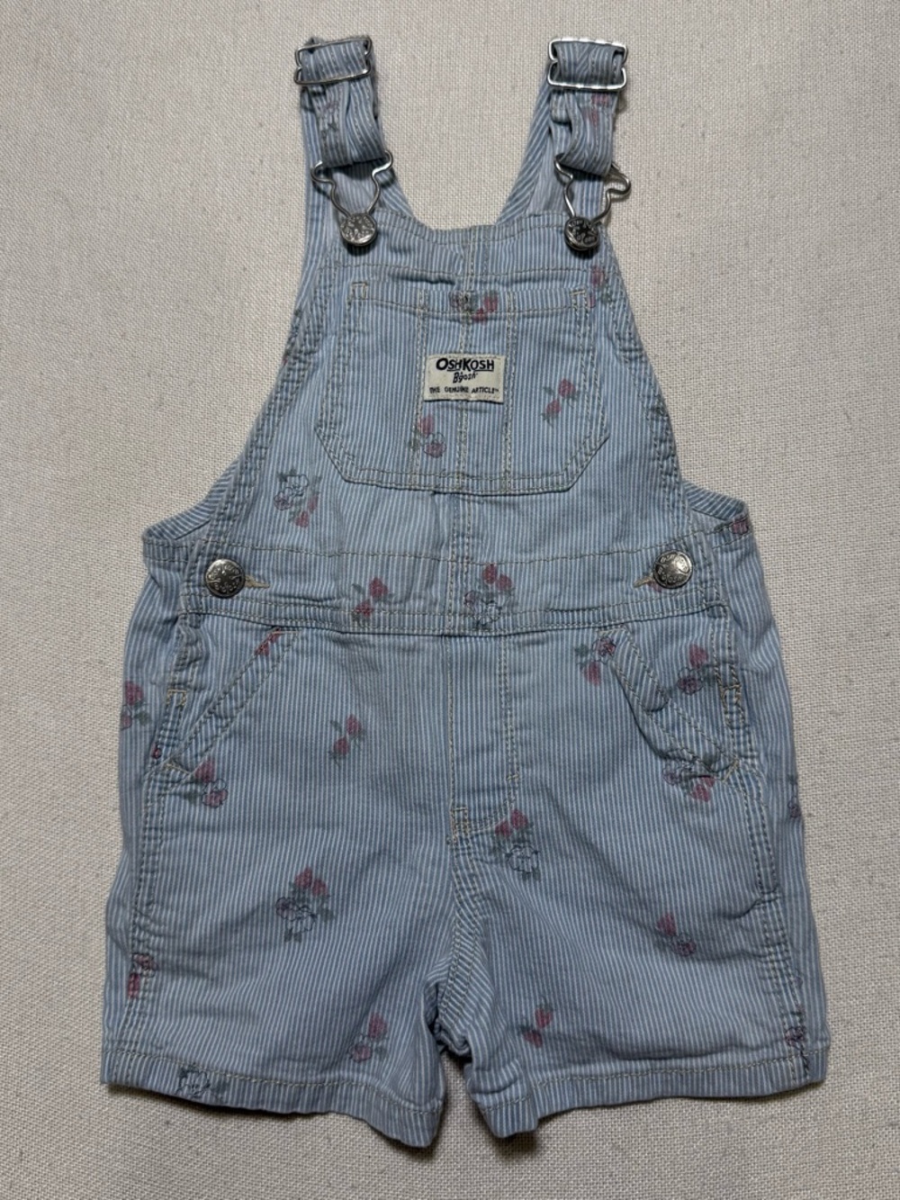 OshKosh B'gosh Light Blue Pinstripe Floral Short Overalls Toddler Kids 2T